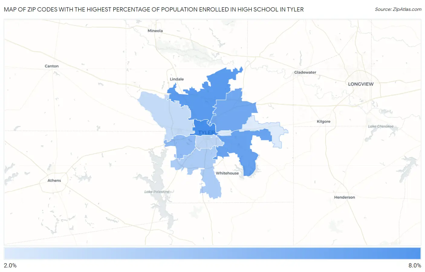 Zip Codes with the Highest Percentage of Population Enrolled in High School in Tyler Map