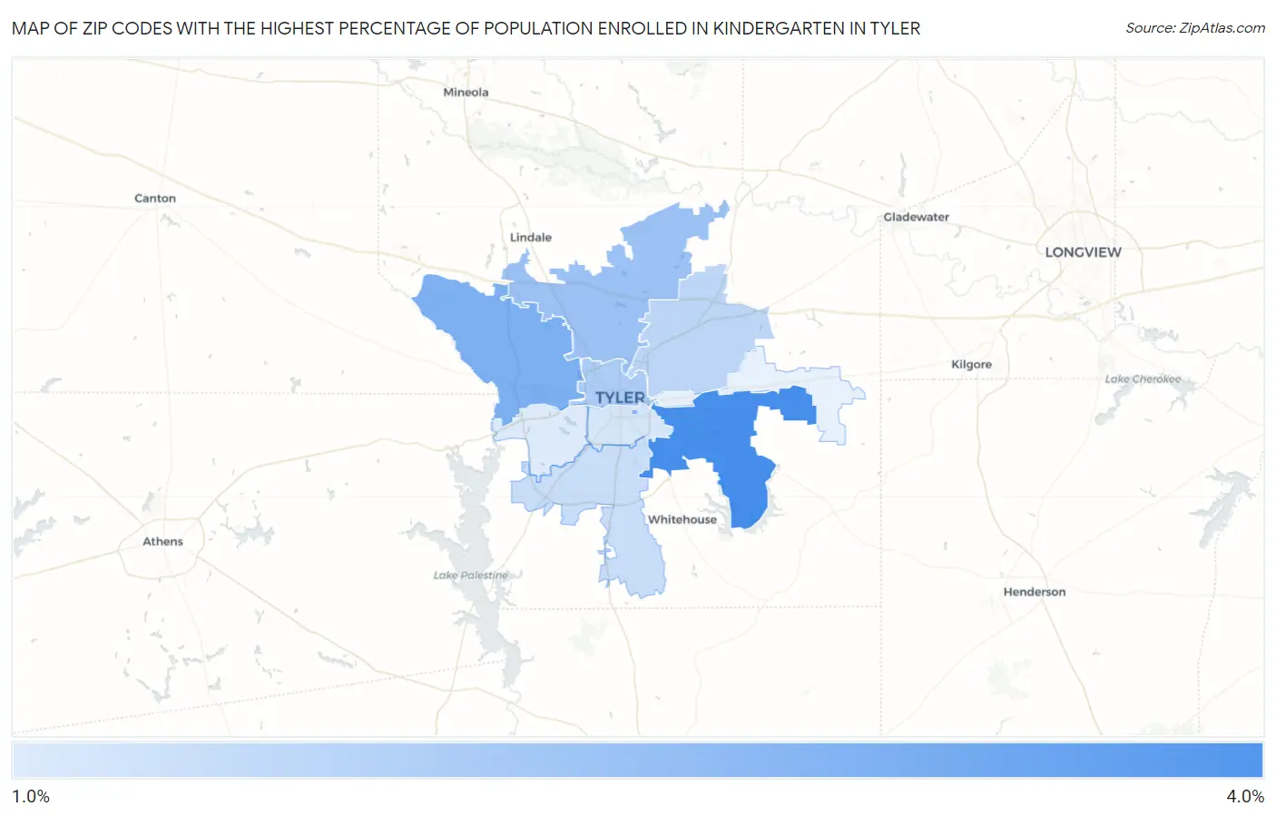 Zip Codes with the Highest Percentage of Population Enrolled in Kindergarten in Tyler Map