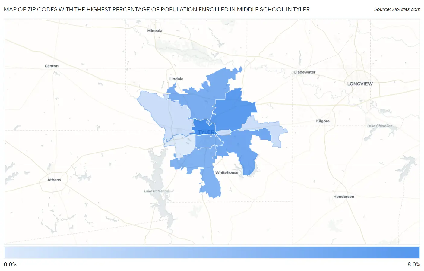 Zip Codes with the Highest Percentage of Population Enrolled in Middle School in Tyler Map