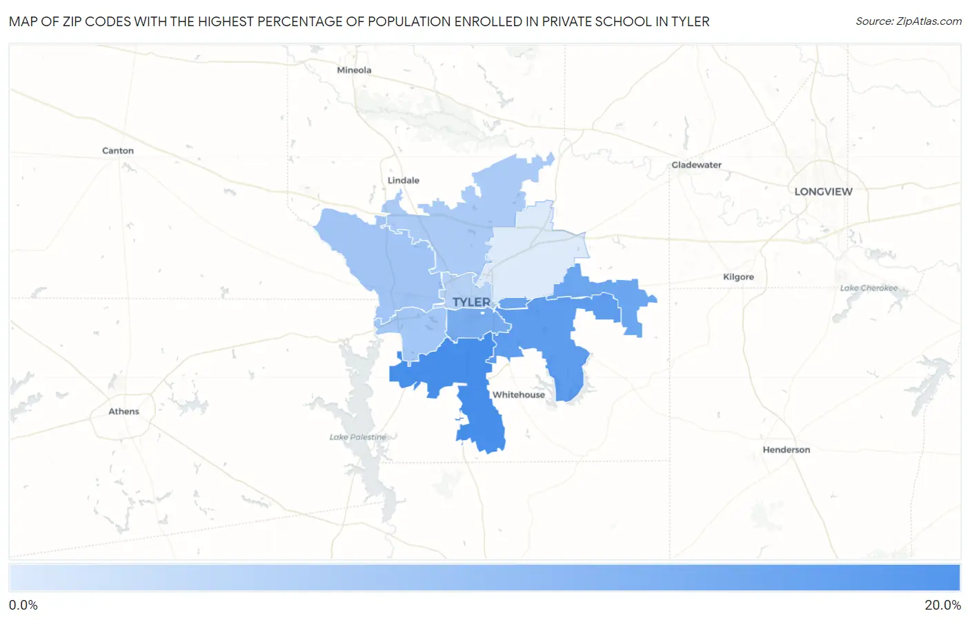 Zip Codes with the Highest Percentage of Population Enrolled in Private School in Tyler Map