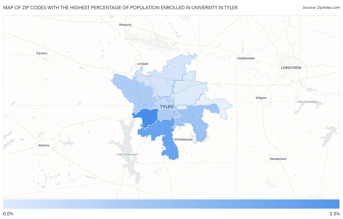 Zip Codes with the Highest Percentage of Population Enrolled in University in Tyler Map