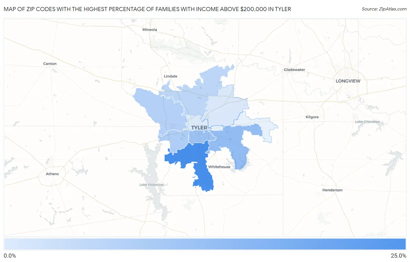 Zip Codes with the Highest Percentage of Families with Income Above $200,000 in Tyler Map