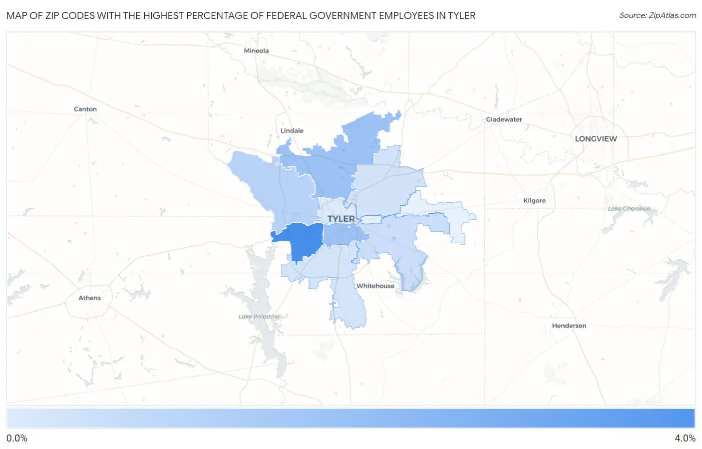 Zip Codes with the Highest Percentage of Federal Government Employees in Tyler Map