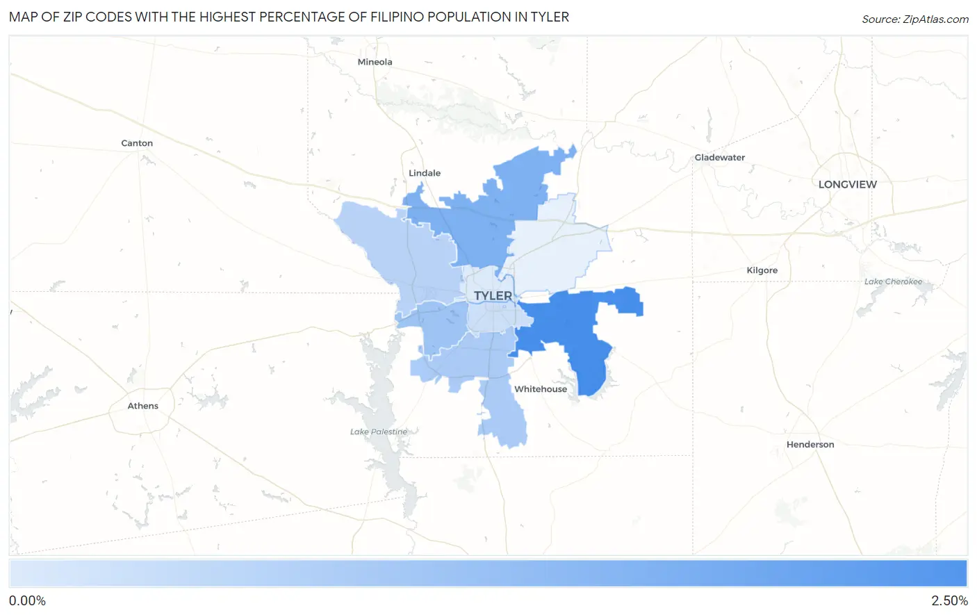 Zip Codes with the Highest Percentage of Filipino Population in Tyler Map