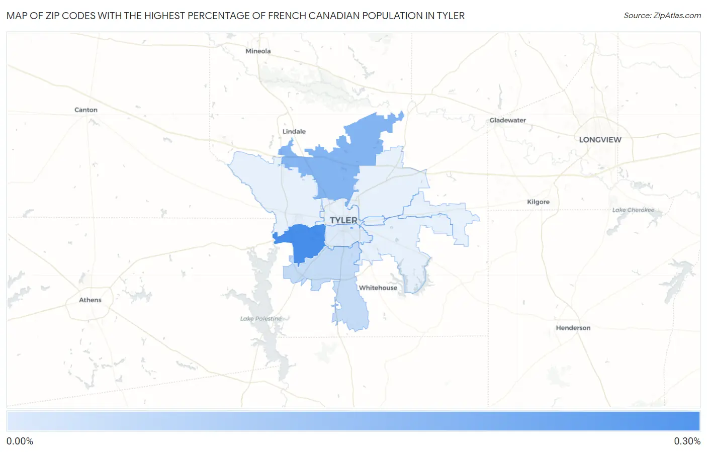 Zip Codes with the Highest Percentage of French Canadian Population in Tyler Map