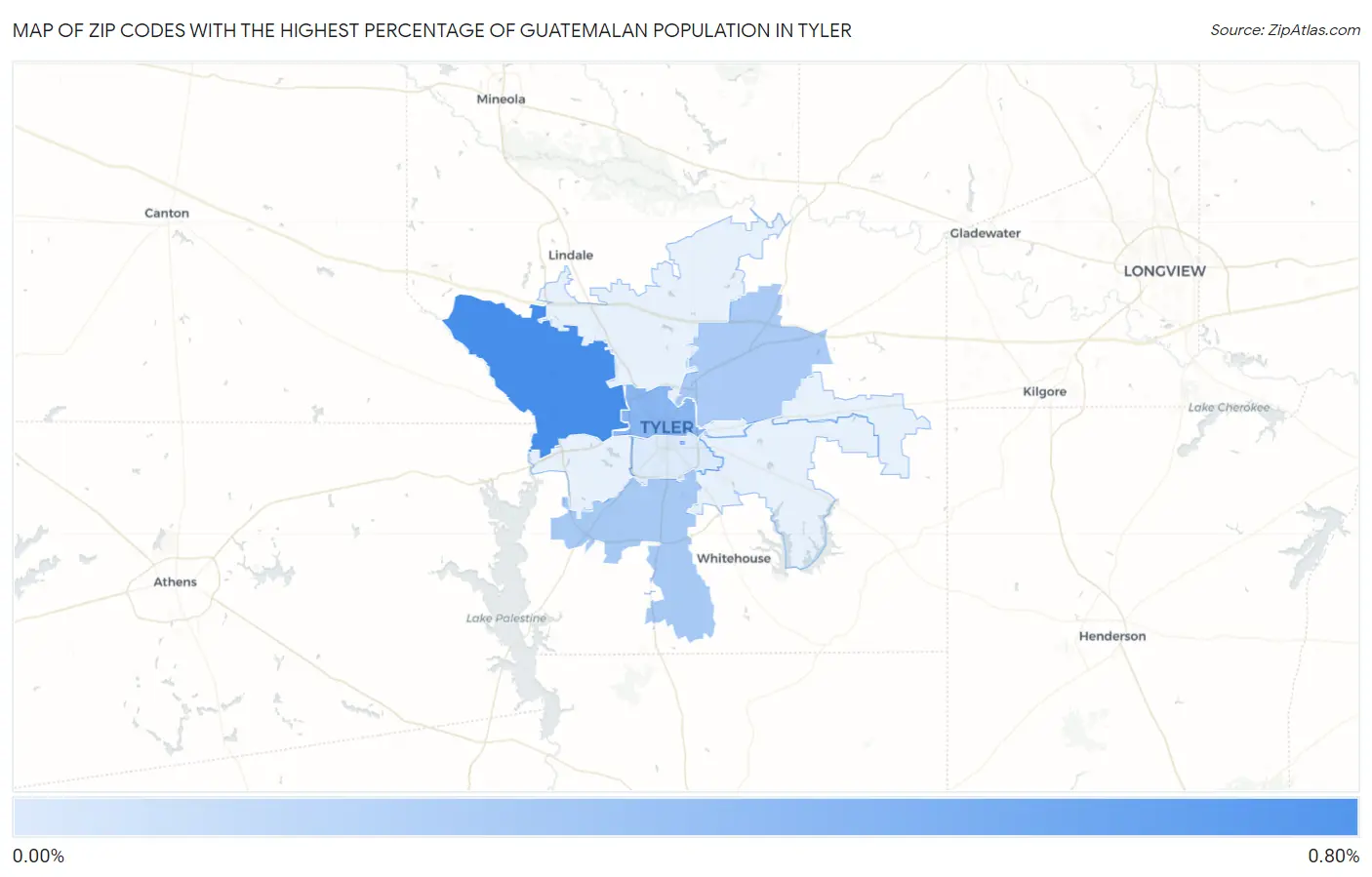 Zip Codes with the Highest Percentage of Guatemalan Population in Tyler Map