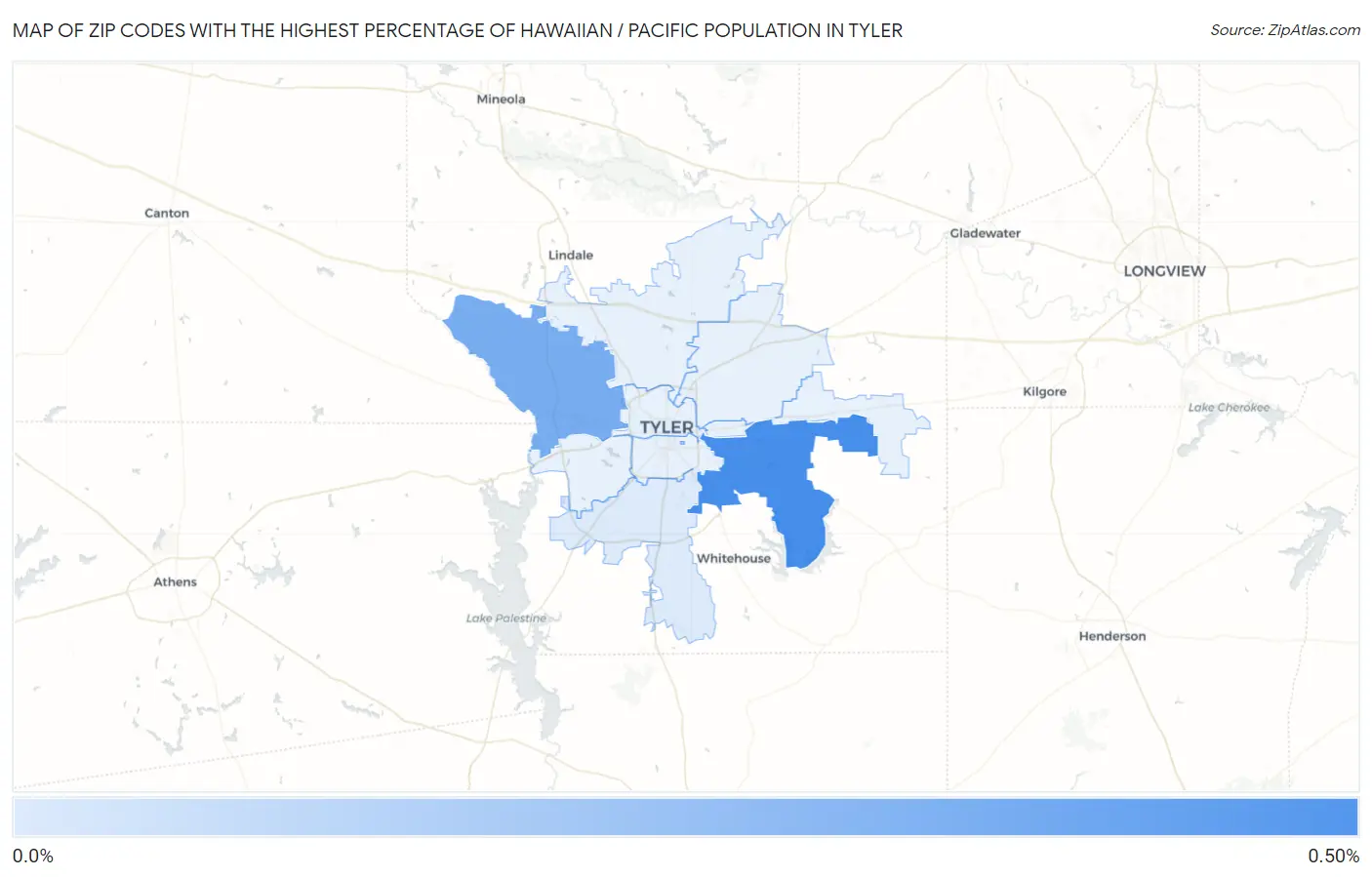 Zip Codes with the Highest Percentage of Hawaiian / Pacific Population in Tyler Map