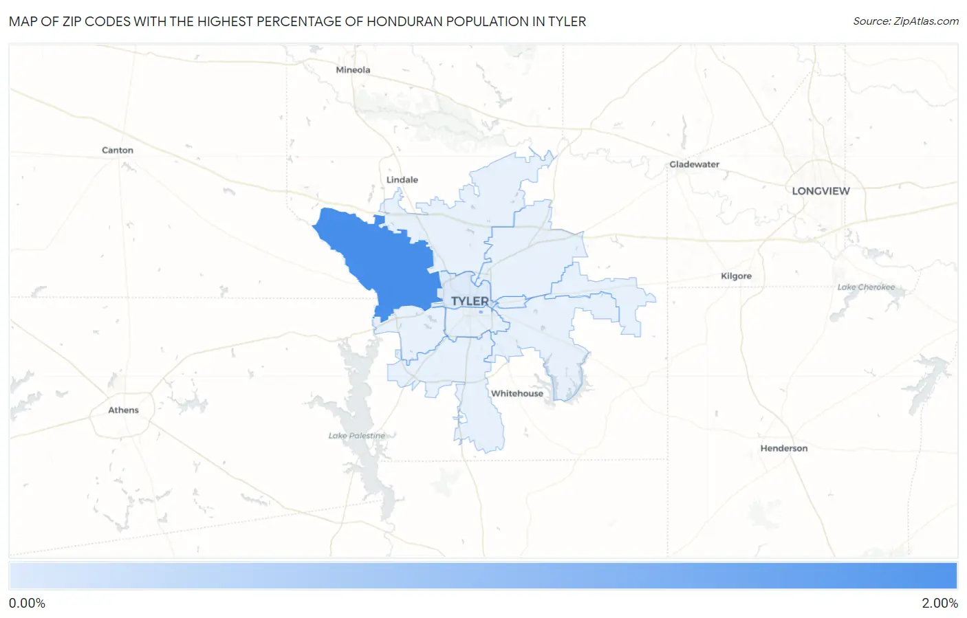 Zip Codes with the Highest Percentage of Honduran Population in Tyler Map