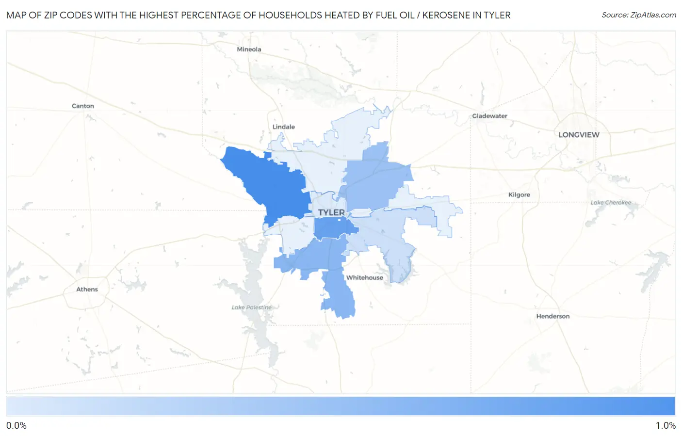 Zip Codes with the Highest Percentage of Households Heated by Fuel Oil / Kerosene in Tyler Map
