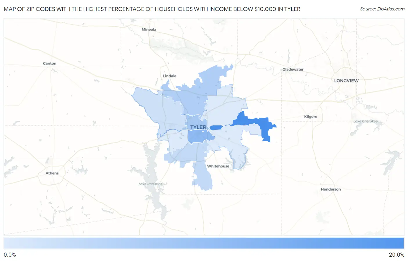 Zip Codes with the Highest Percentage of Households with Income Below $10,000 in Tyler Map
