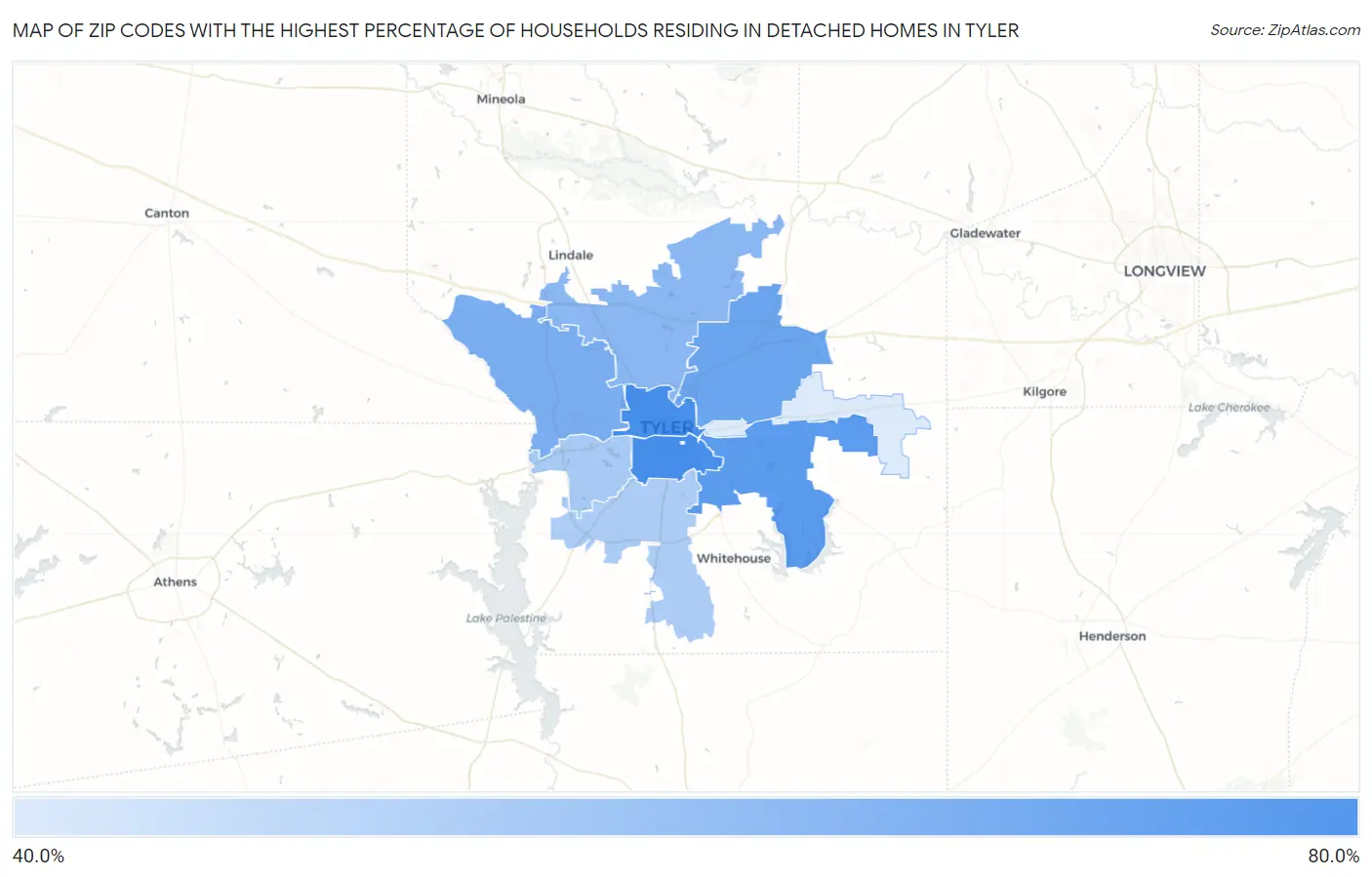 Zip Codes with the Highest Percentage of Households Residing in Detached Homes in Tyler Map