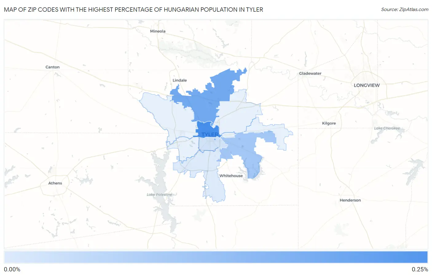 Zip Codes with the Highest Percentage of Hungarian Population in Tyler Map