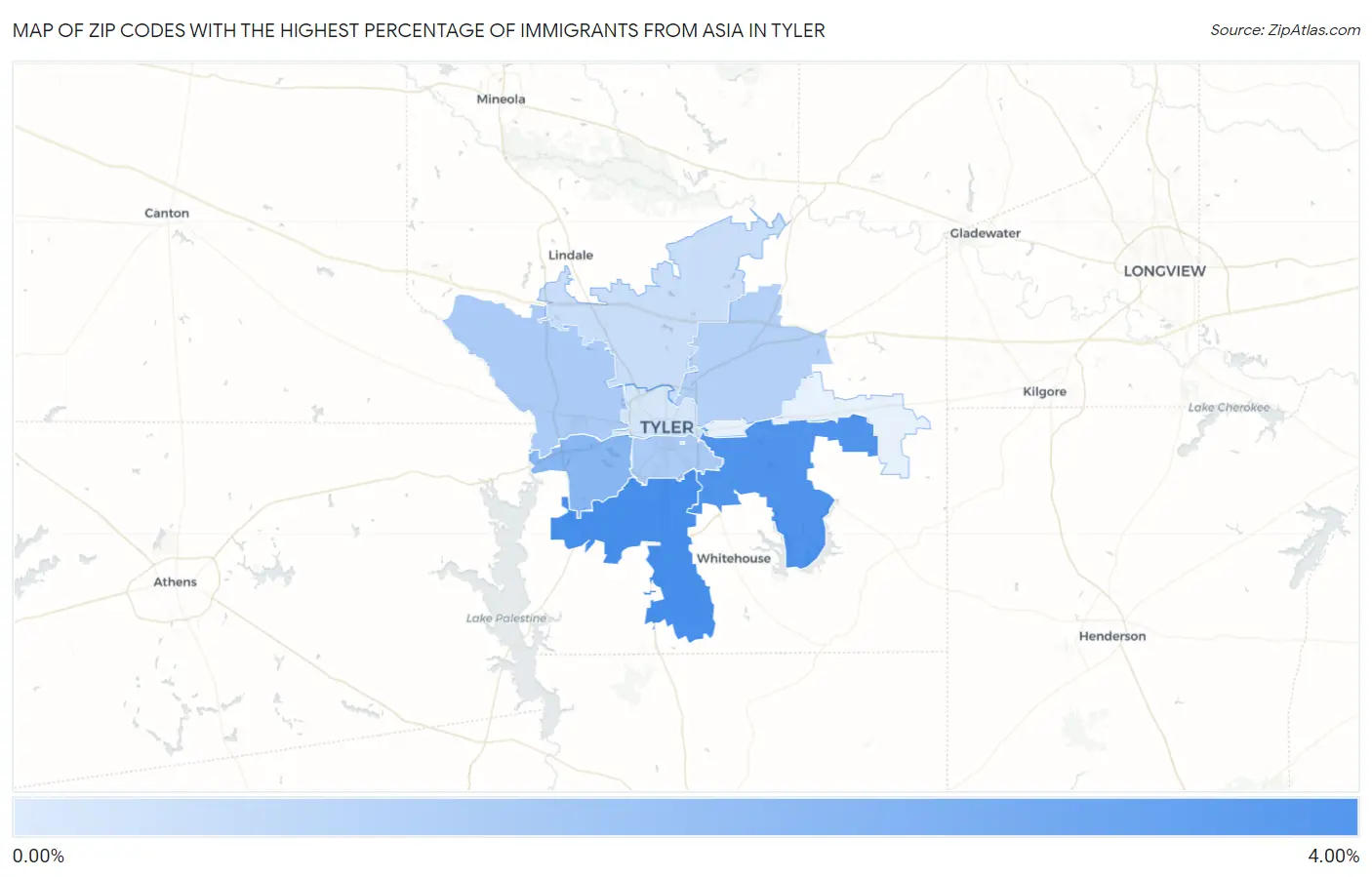 Zip Codes with the Highest Percentage of Immigrants from Asia in Tyler Map