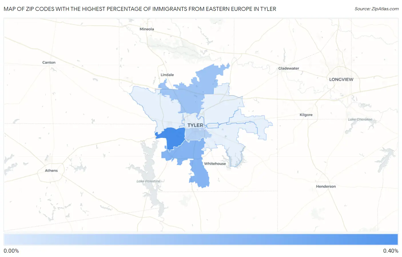 Zip Codes with the Highest Percentage of Immigrants from Eastern Europe in Tyler Map
