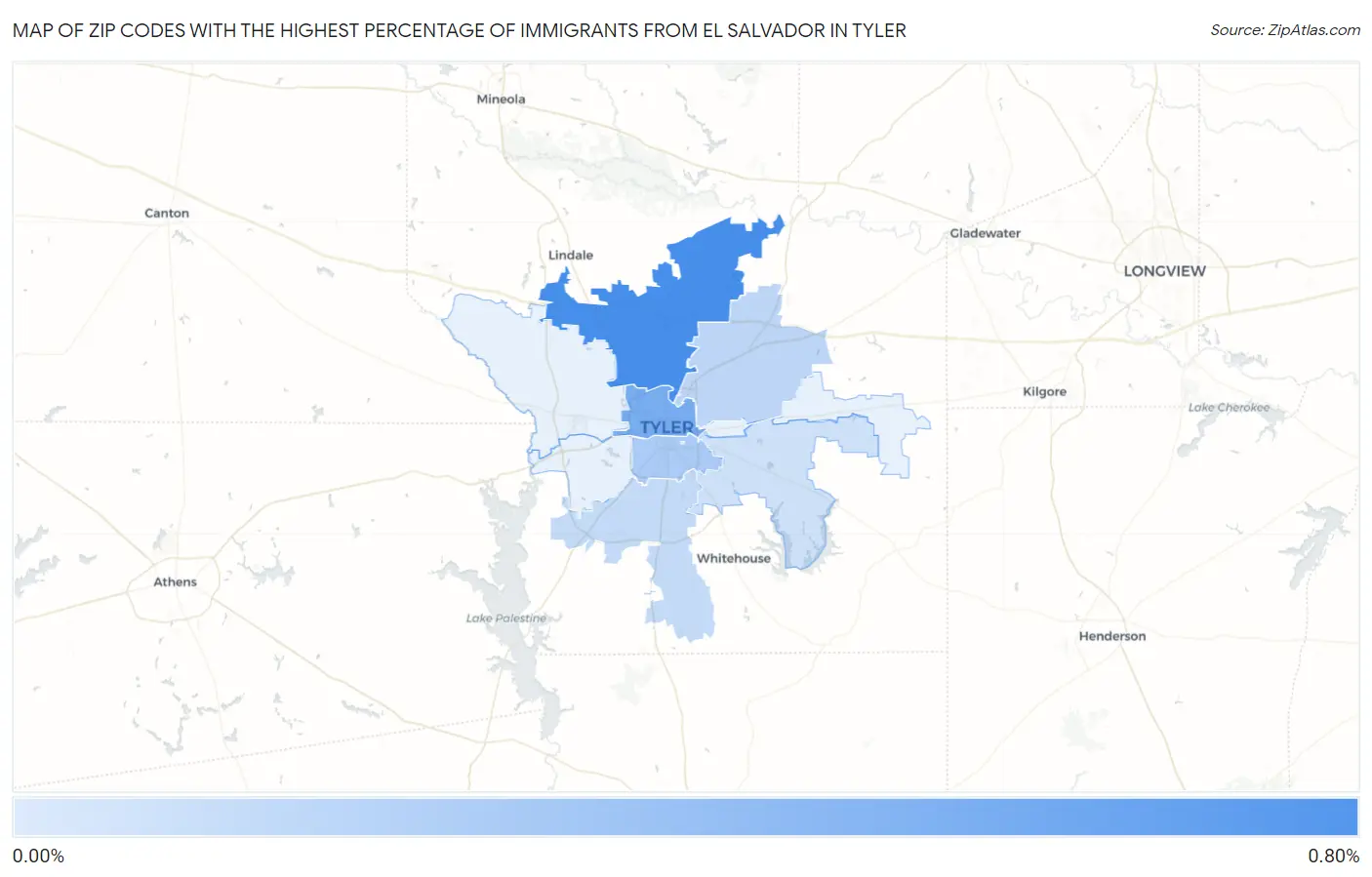 Zip Codes with the Highest Percentage of Immigrants from El Salvador in Tyler Map