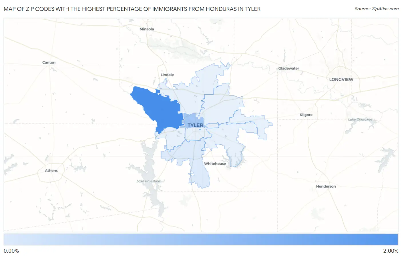 Zip Codes with the Highest Percentage of Immigrants from Honduras in Tyler Map