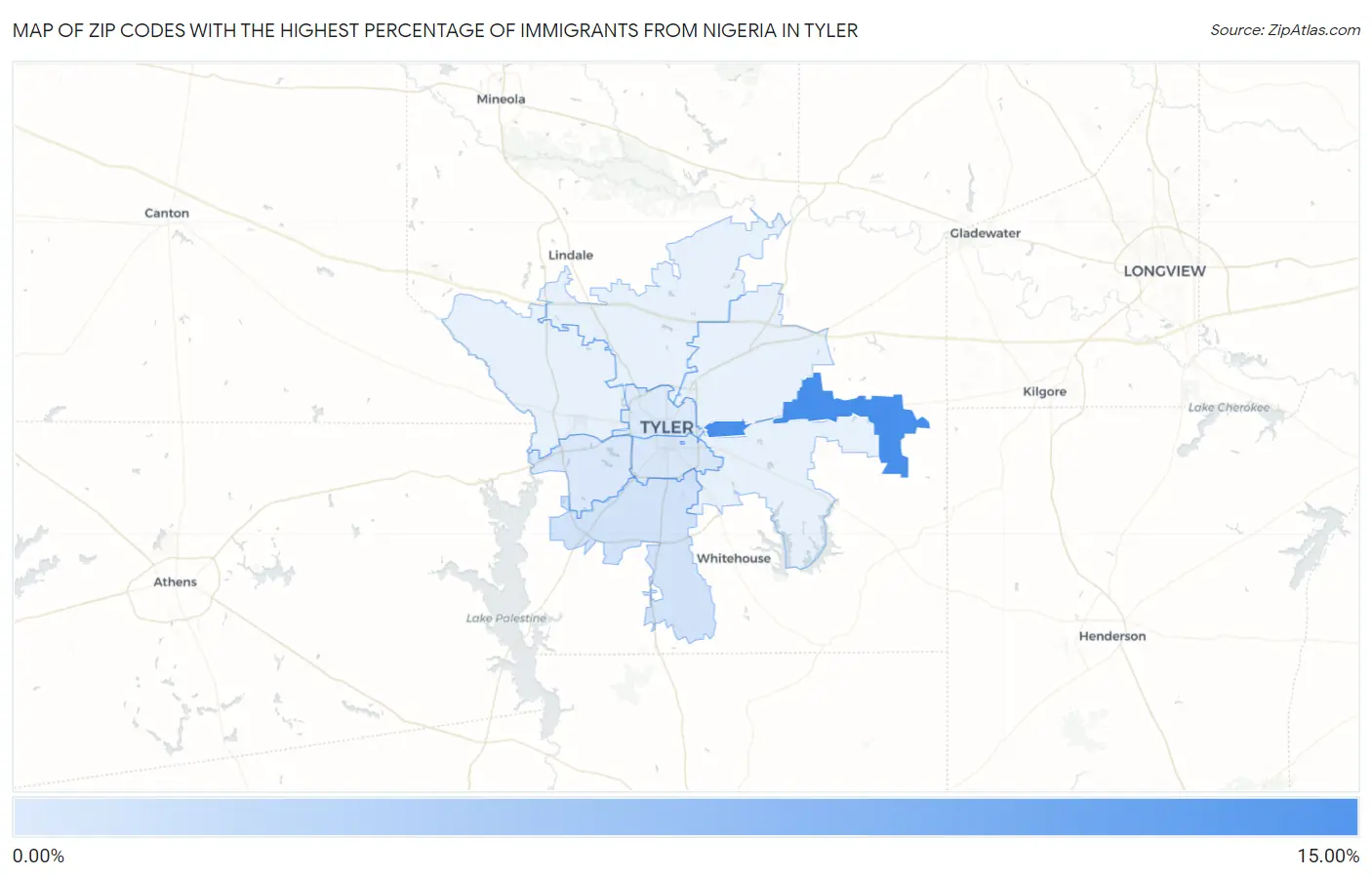 Zip Codes with the Highest Percentage of Immigrants from Nigeria in Tyler Map