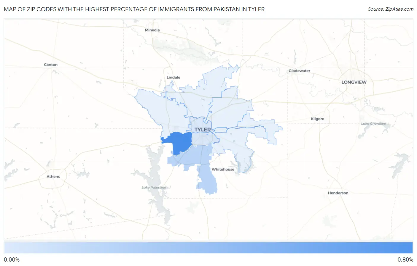 Zip Codes with the Highest Percentage of Immigrants from Pakistan in Tyler Map