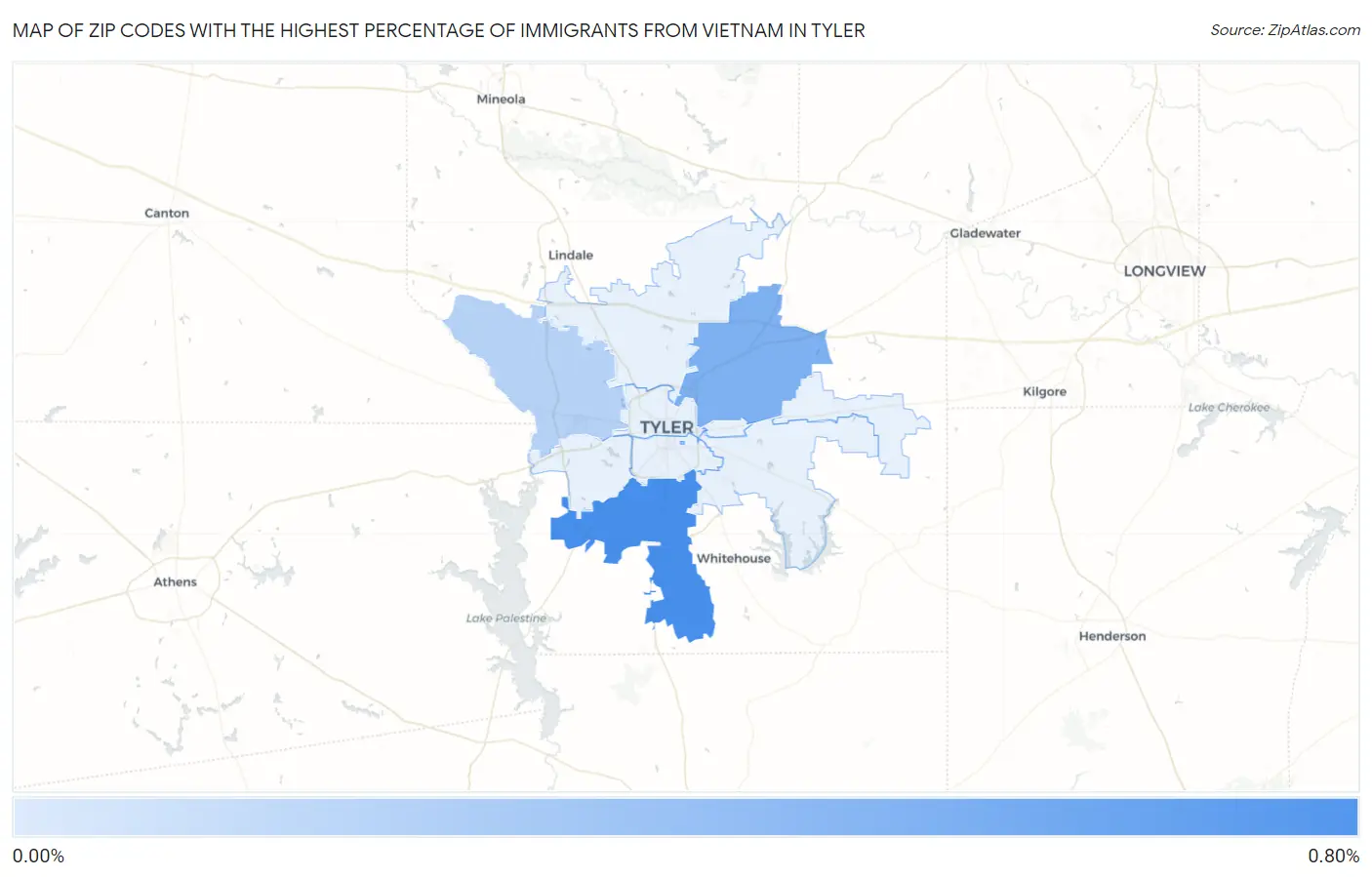 Zip Codes with the Highest Percentage of Immigrants from Vietnam in Tyler Map