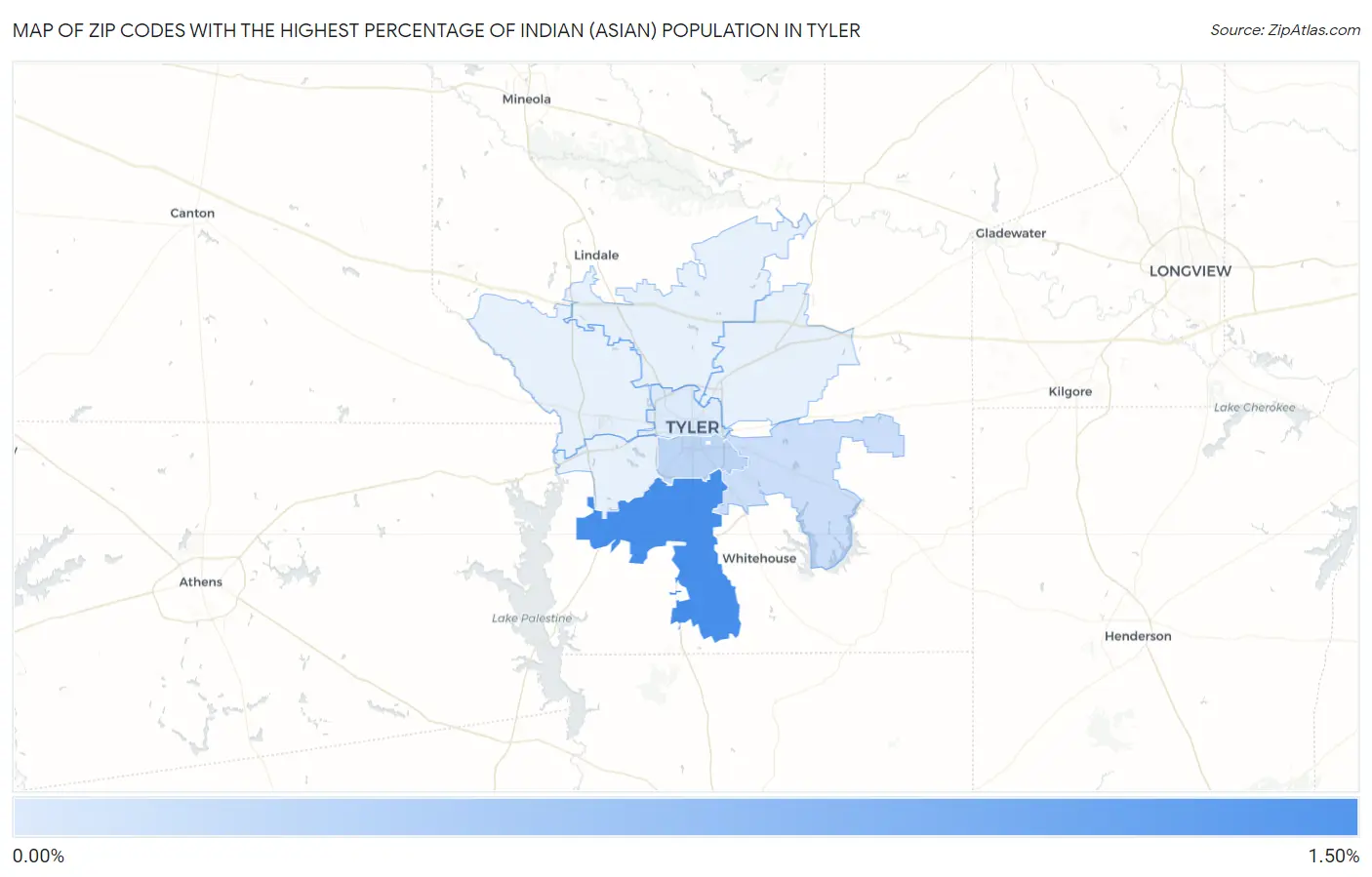 Zip Codes with the Highest Percentage of Indian (Asian) Population in Tyler Map