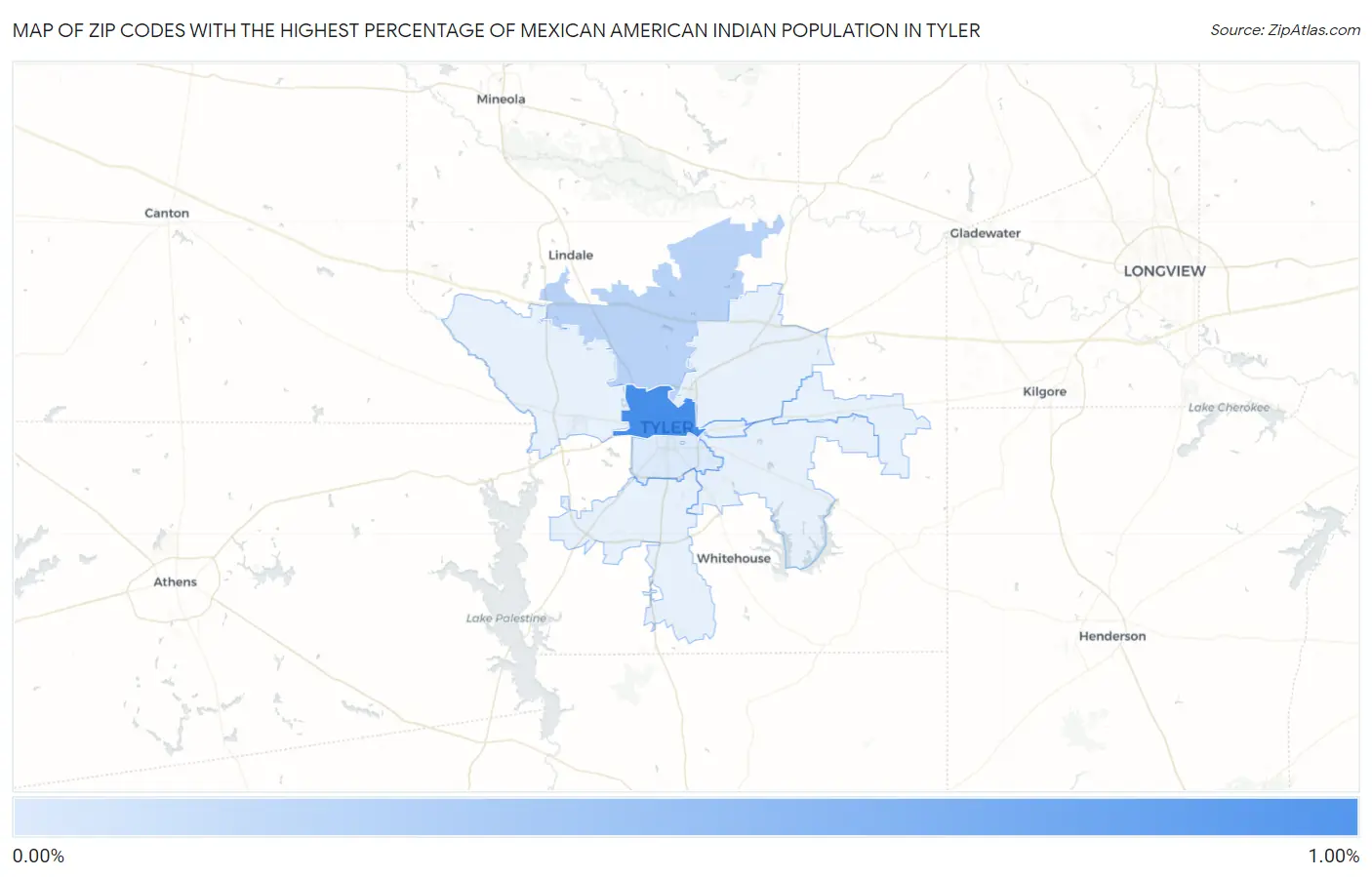 Zip Codes with the Highest Percentage of Mexican American Indian Population in Tyler Map