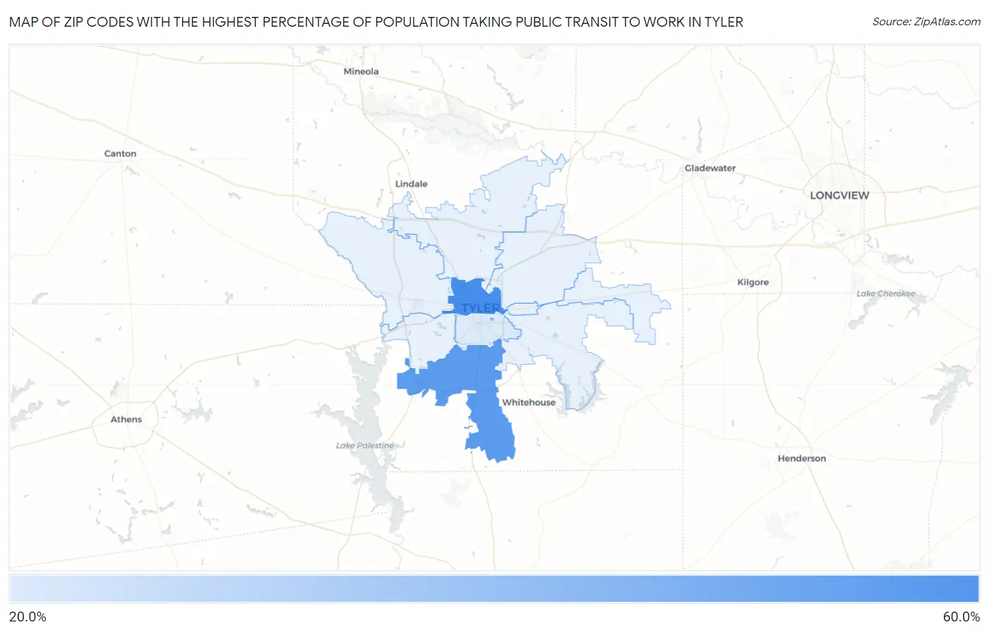Zip Codes with the Highest Percentage of Population Taking Public Transit to Work in Tyler Map