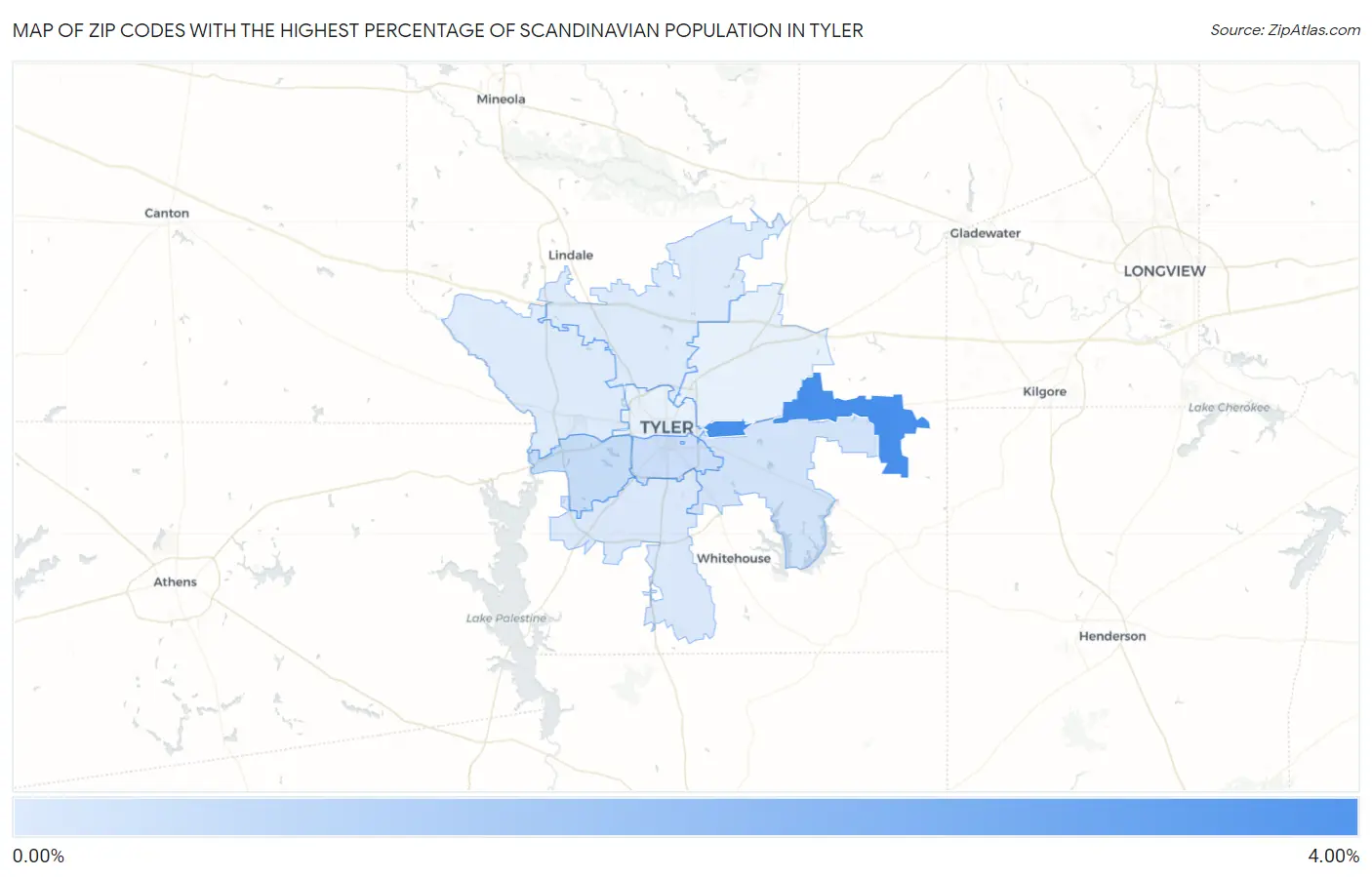 Zip Codes with the Highest Percentage of Scandinavian Population in Tyler Map