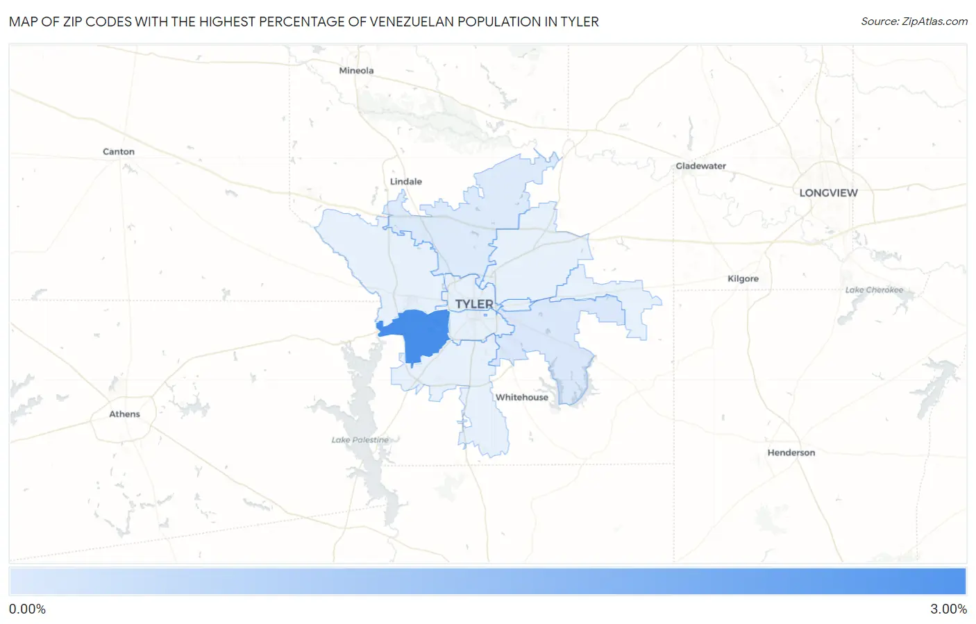 Zip Codes with the Highest Percentage of Venezuelan Population in Tyler Map