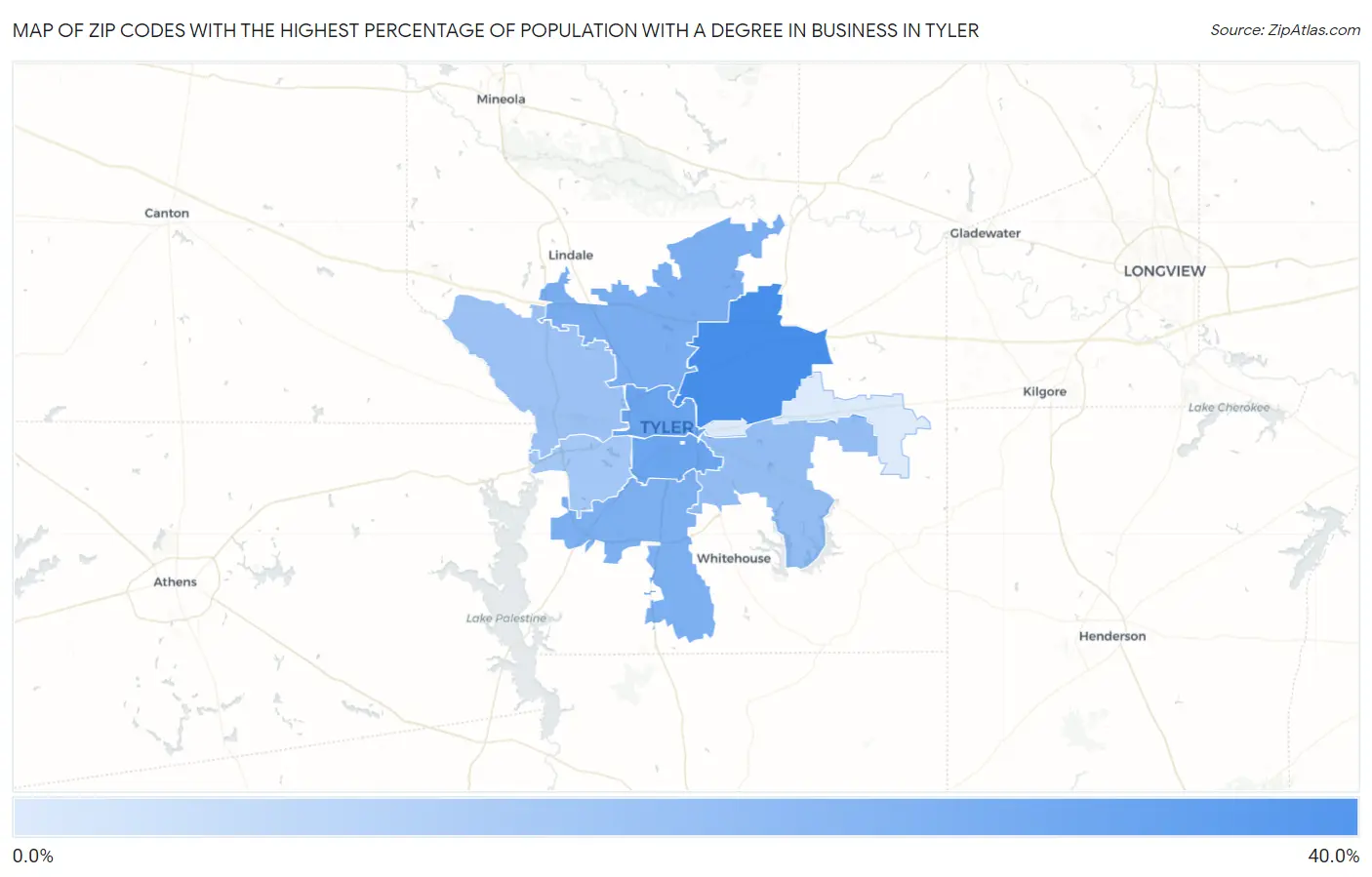 Zip Codes with the Highest Percentage of Population with a Degree in Business in Tyler Map