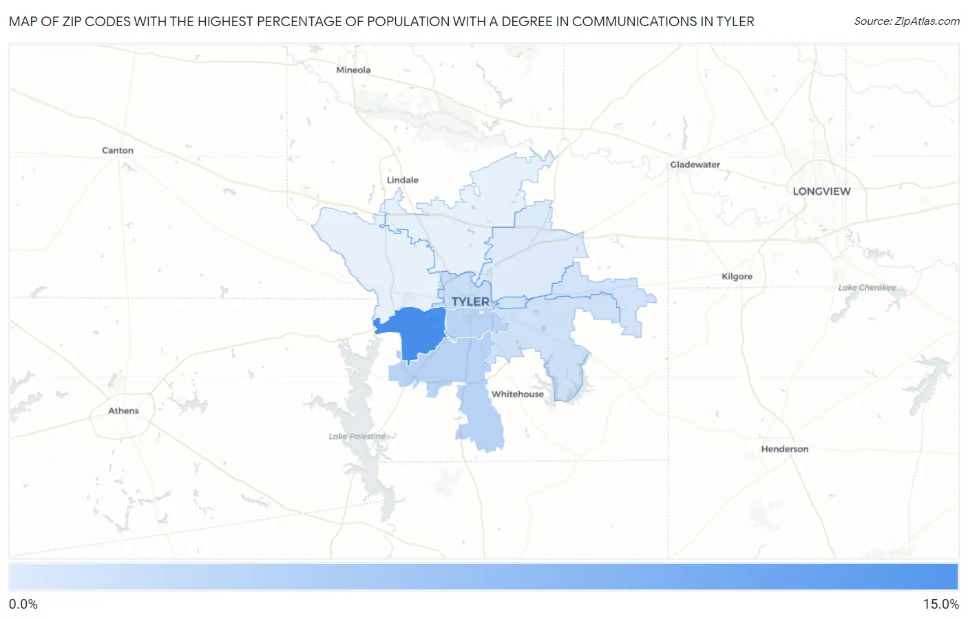 Zip Codes with the Highest Percentage of Population with a Degree in Communications in Tyler Map