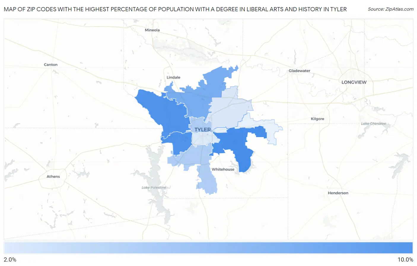 Zip Codes with the Highest Percentage of Population with a Degree in Liberal Arts and History in Tyler Map