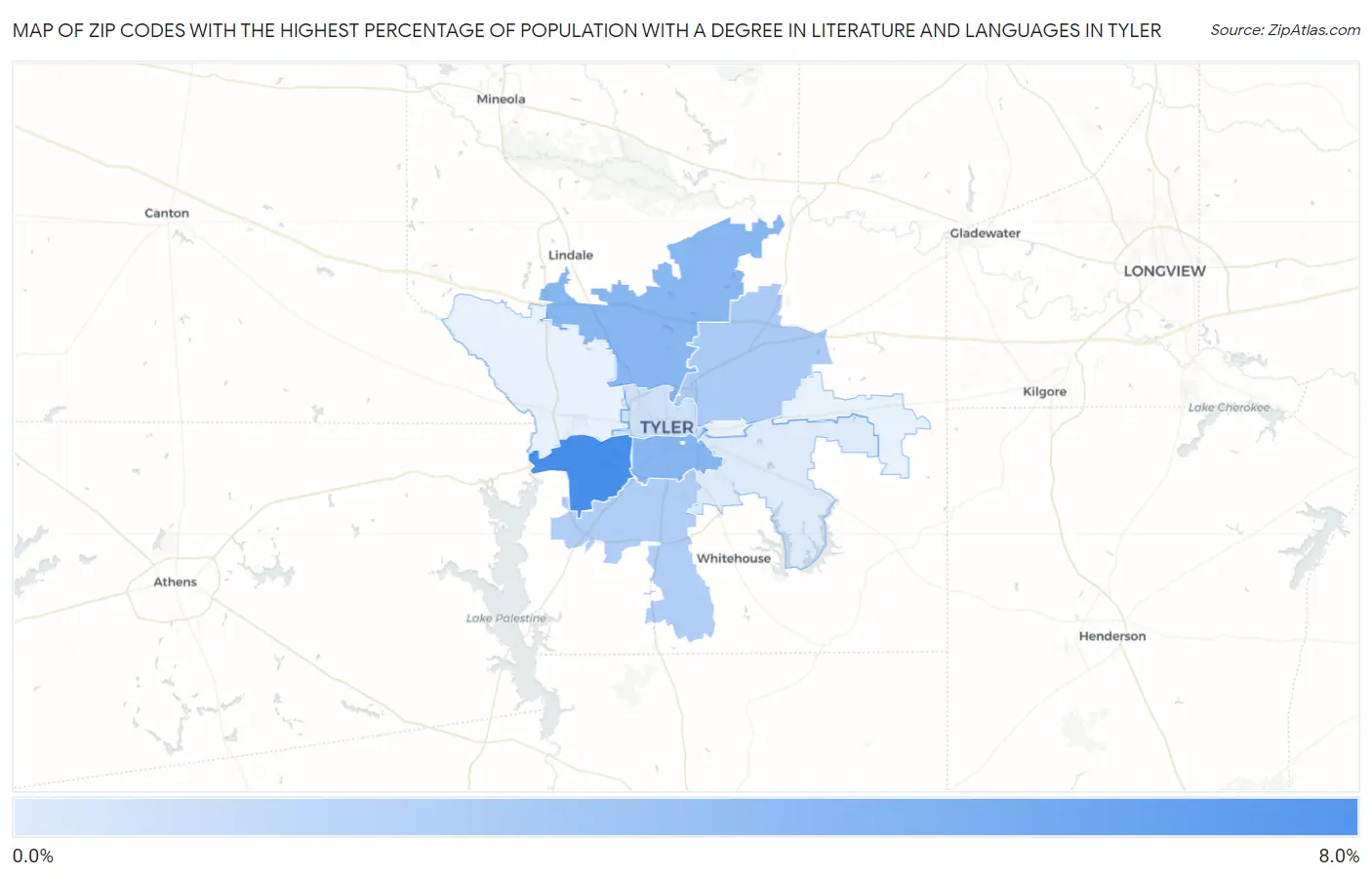 Zip Codes with the Highest Percentage of Population with a Degree in Literature and Languages in Tyler Map