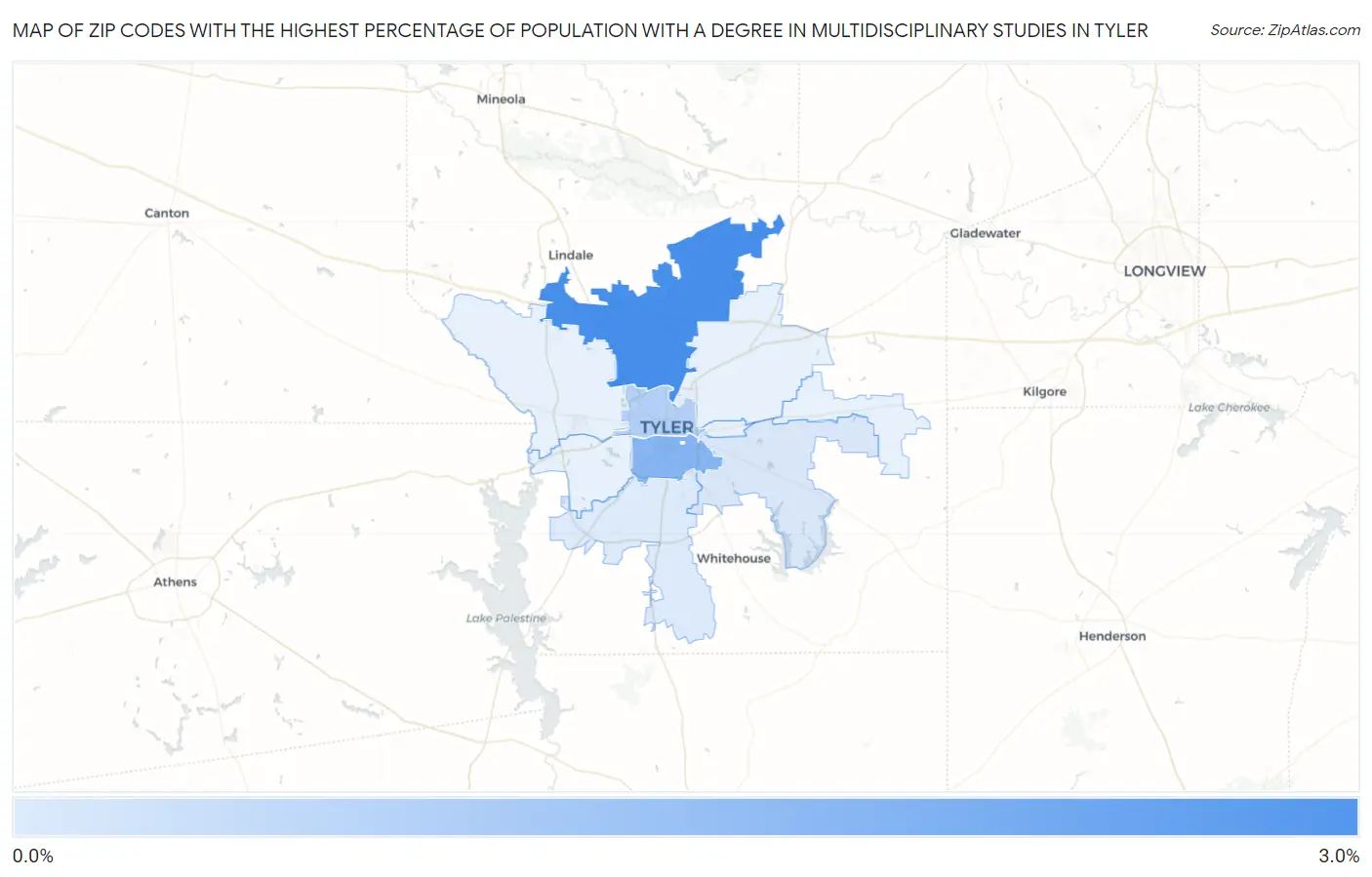 Zip Codes with the Highest Percentage of Population with a Degree in Multidisciplinary Studies in Tyler Map