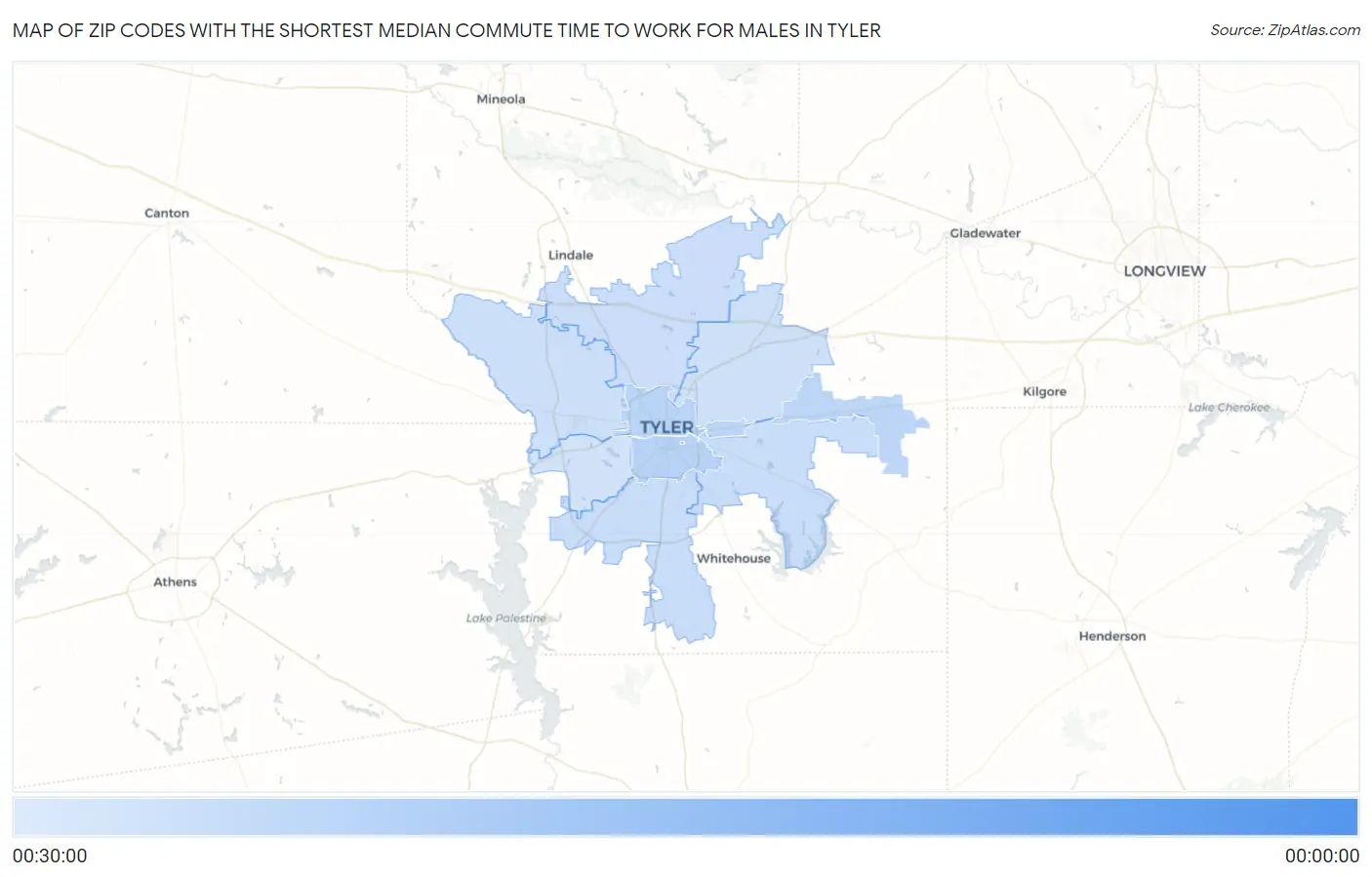 Zip Codes with the Shortest Median Commute Time to Work for Males in Tyler Map