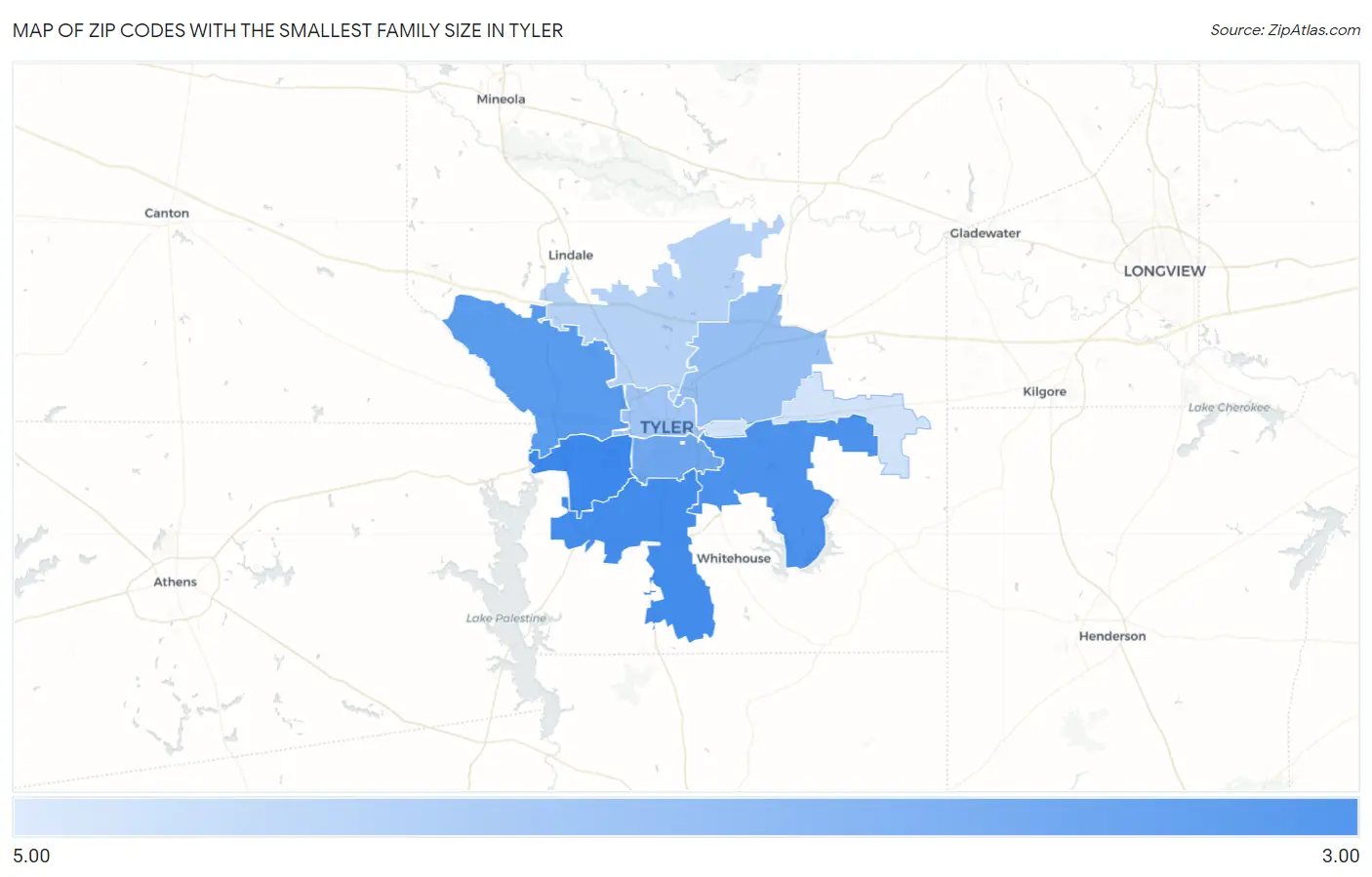 Zip Codes with the Smallest Family Size in Tyler Map