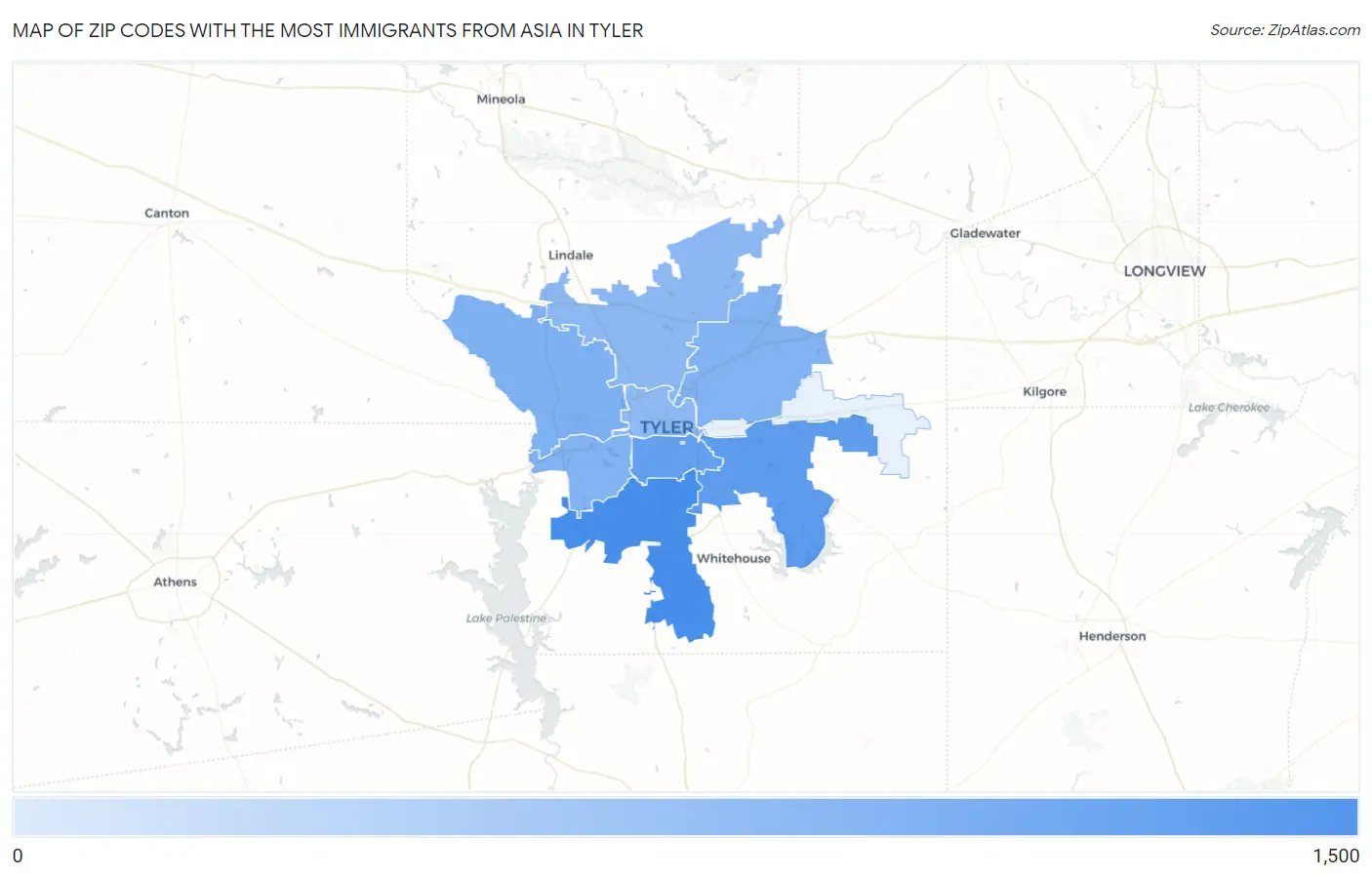 Zip Codes with the Most Immigrants from Asia in Tyler Map