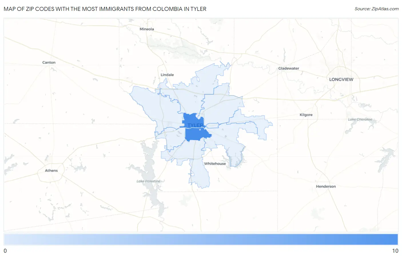 Zip Codes with the Most Immigrants from Colombia in Tyler Map
