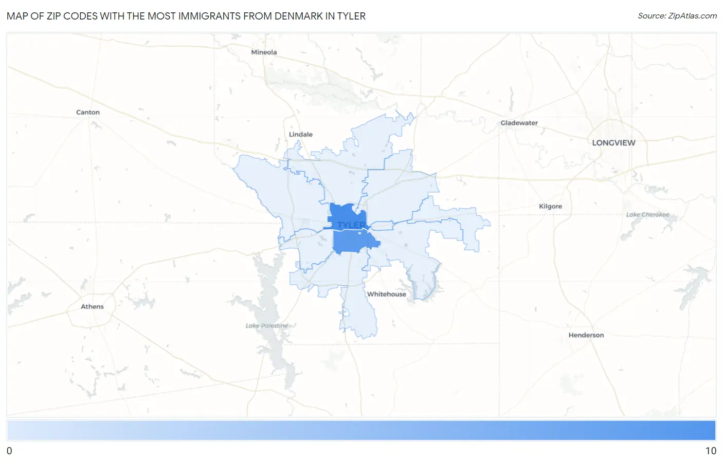 Zip Codes with the Most Immigrants from Denmark in Tyler Map