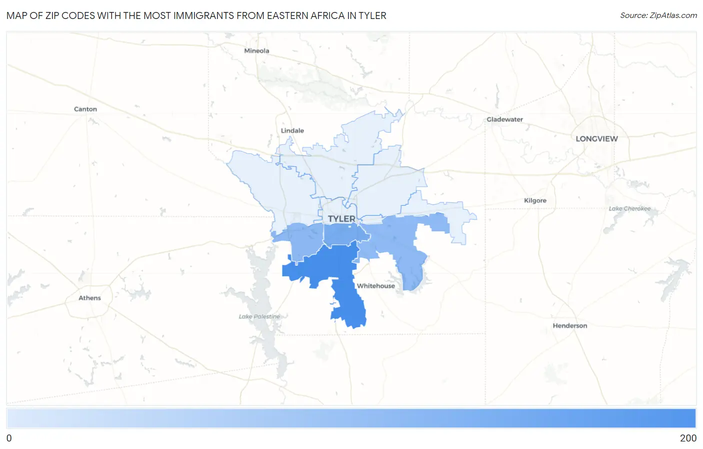 Zip Codes with the Most Immigrants from Eastern Africa in Tyler Map