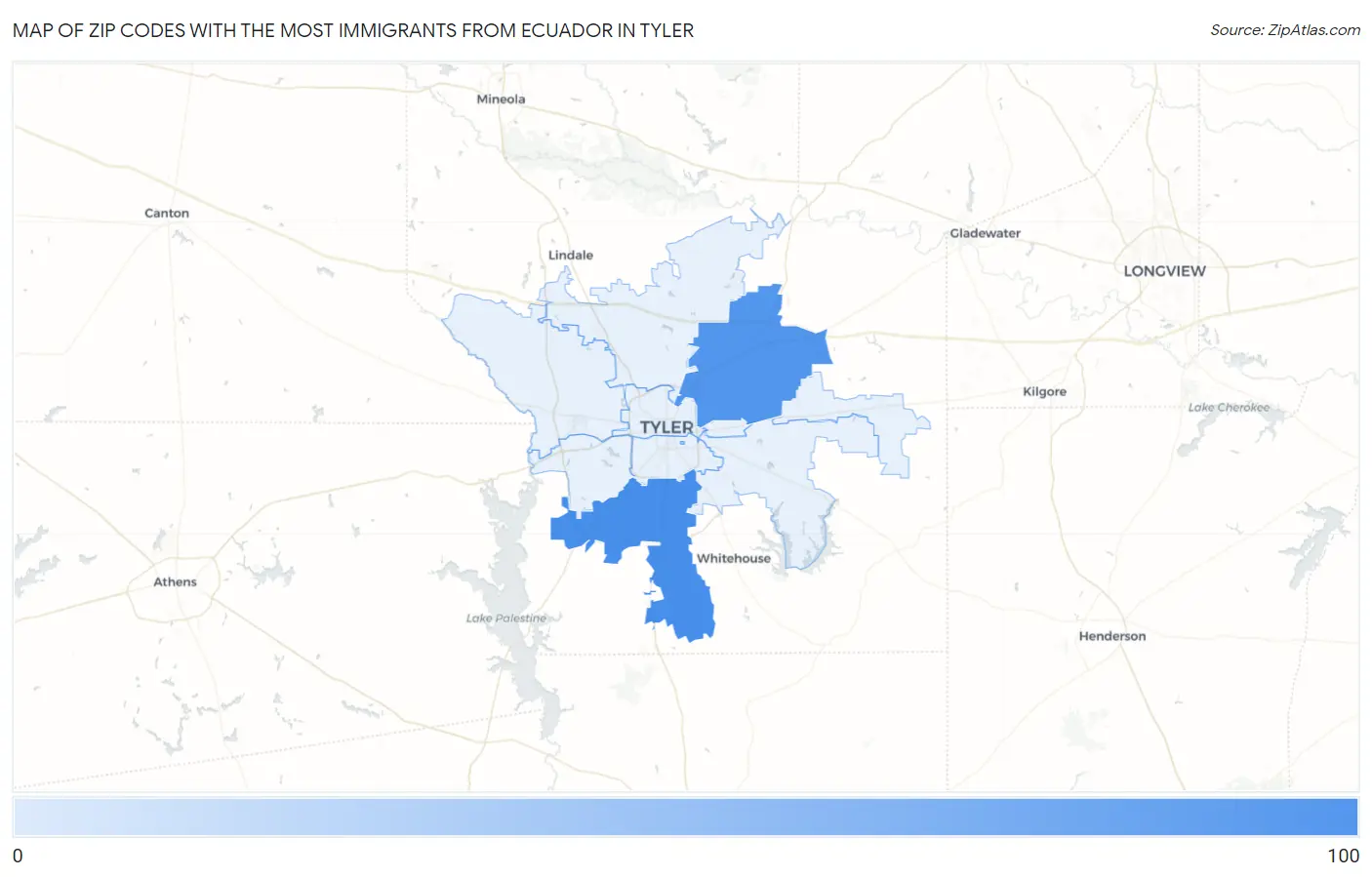 Zip Codes with the Most Immigrants from Ecuador in Tyler Map
