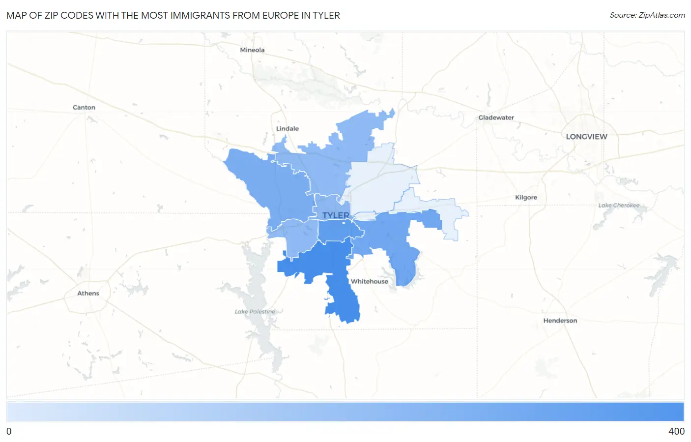 Zip Codes with the Most Immigrants from Europe in Tyler Map