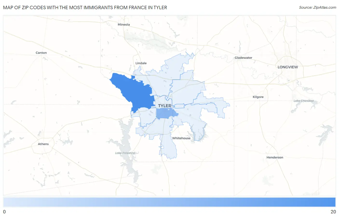 Zip Codes with the Most Immigrants from France in Tyler Map
