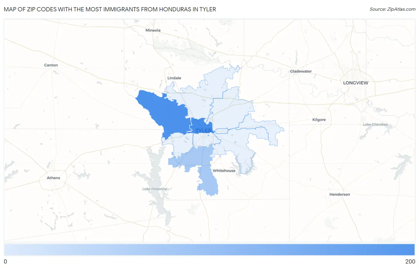 Zip Codes with the Most Immigrants from Honduras in Tyler Map