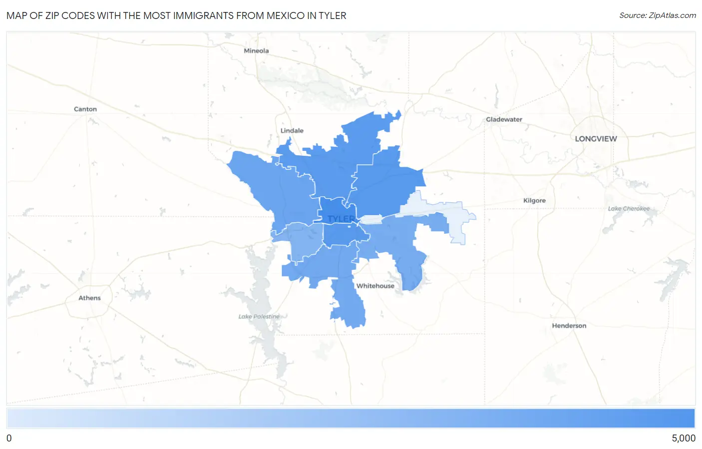 Zip Codes with the Most Immigrants from Mexico in Tyler Map