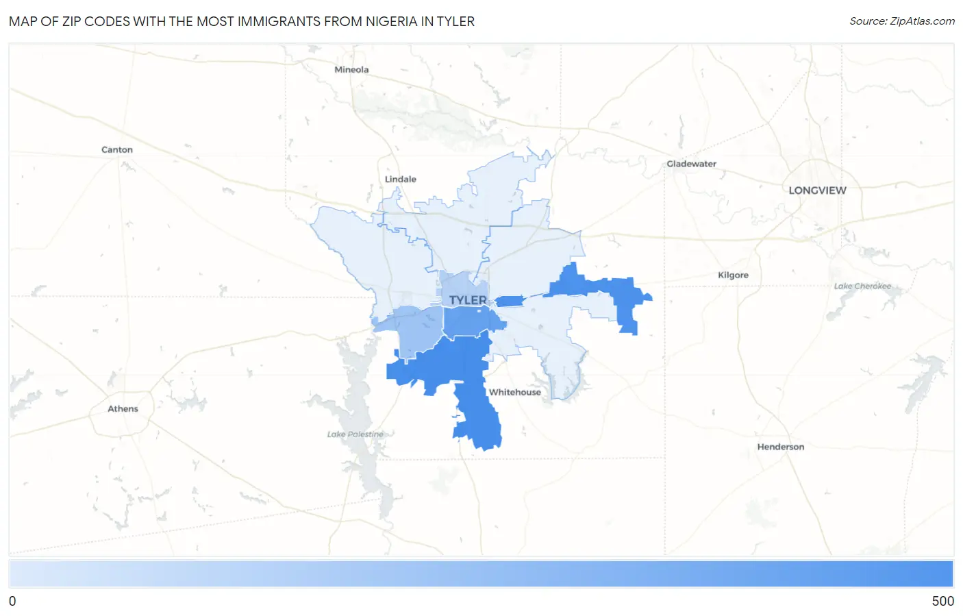 Zip Codes with the Most Immigrants from Nigeria in Tyler Map