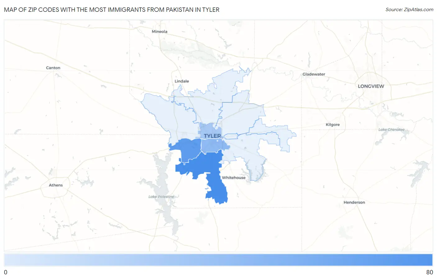 Zip Codes with the Most Immigrants from Pakistan in Tyler Map