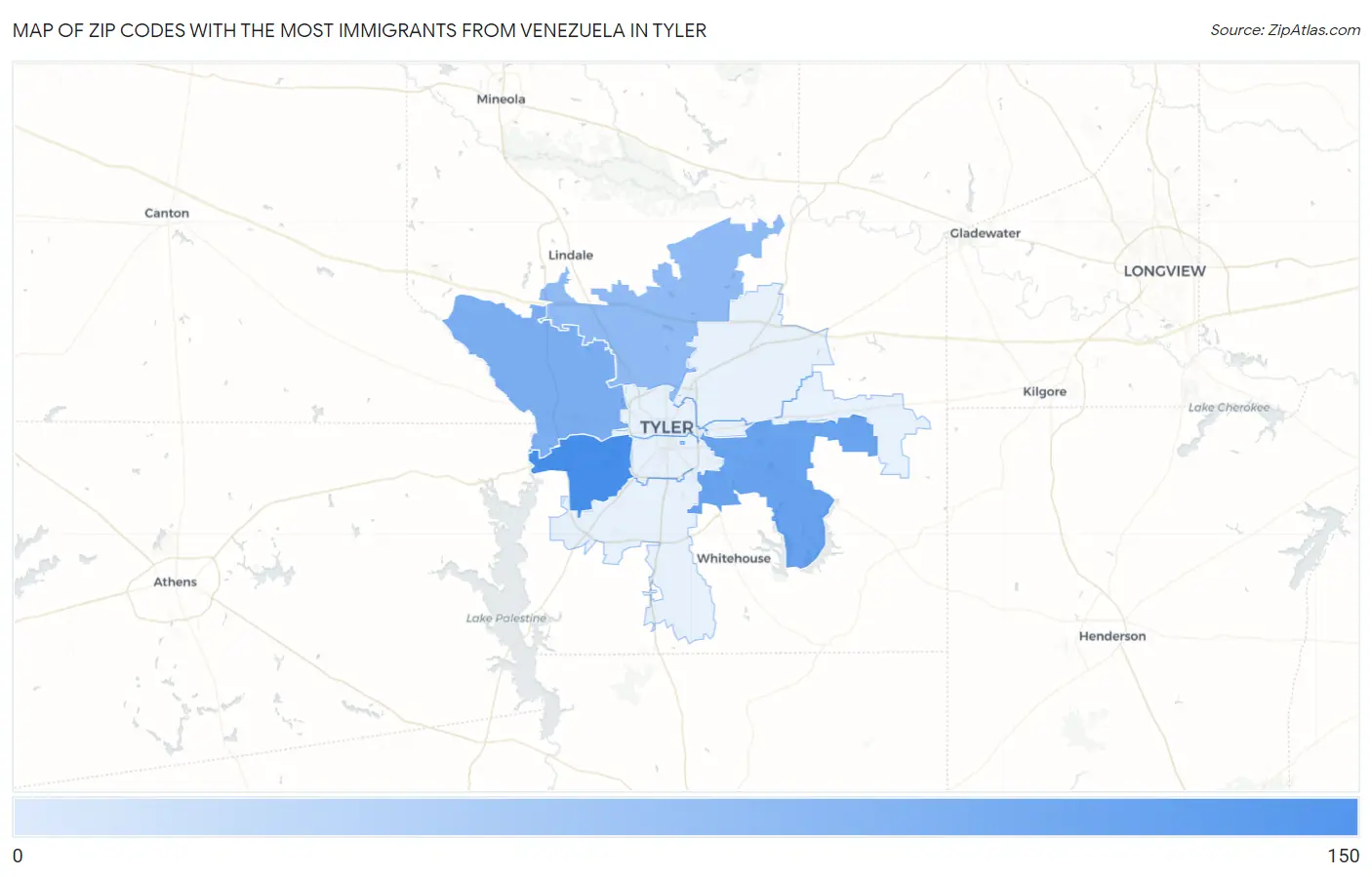 Zip Codes with the Most Immigrants from Venezuela in Tyler Map
