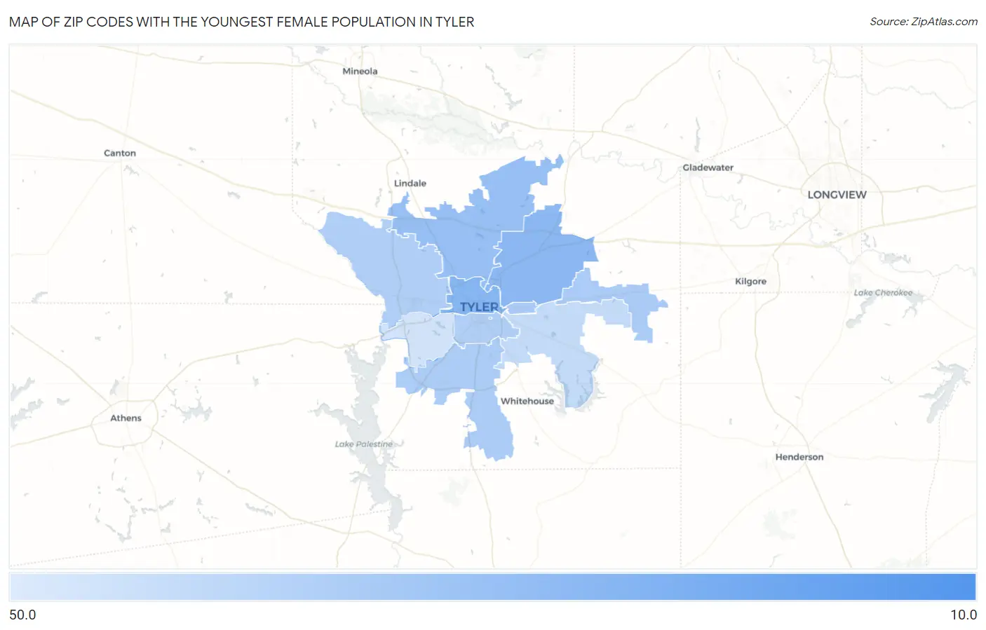 Zip Codes with the Youngest Female Population in Tyler Map