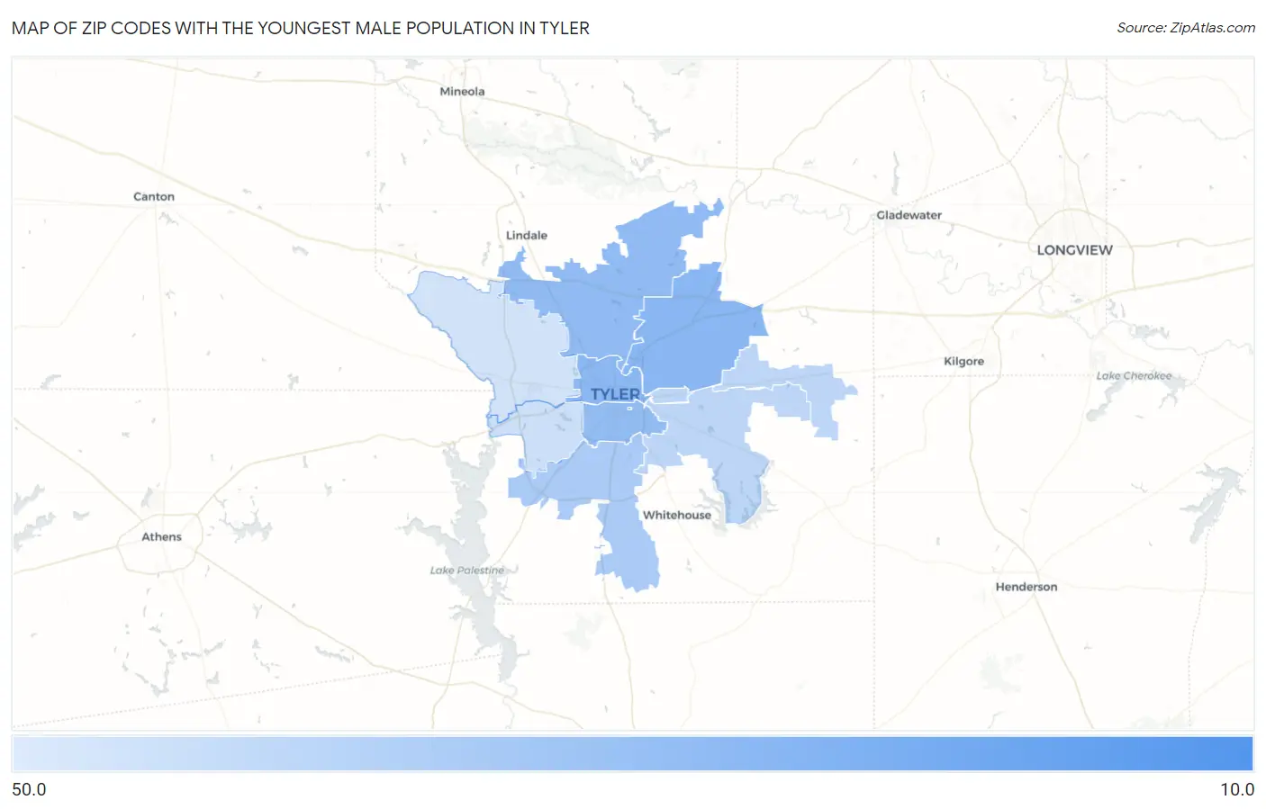 Zip Codes with the Youngest Male Population in Tyler Map