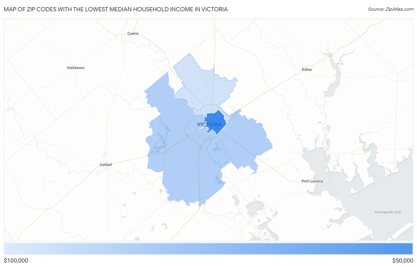 Zip Codes with the Lowest Median Household Income in Victoria Map